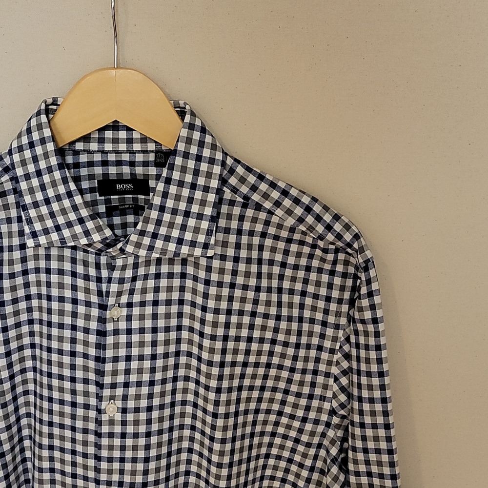 Hugo Boss Navy & White Gingham Dress Shirt
